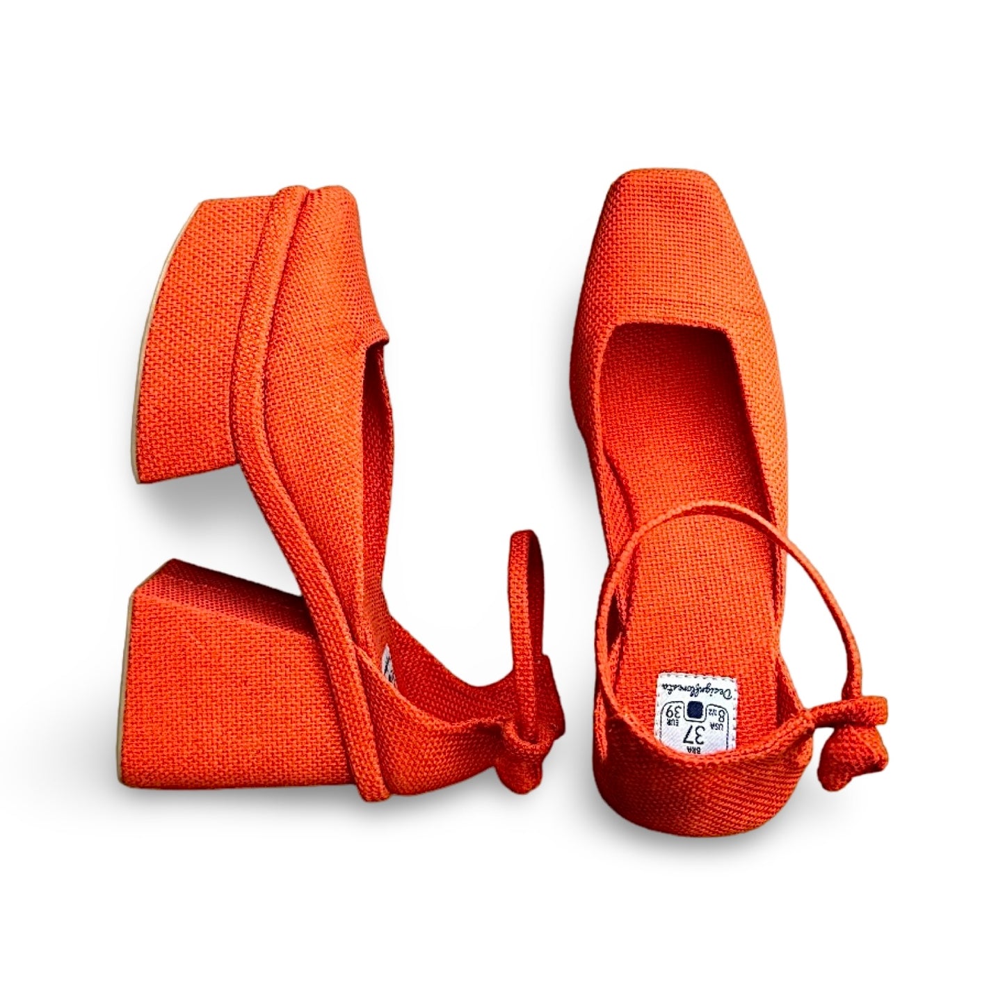 Sapato Kyoto Pata Cor Abóbora Salto Bloco 9cm Meia Pata 3cm N.37