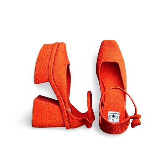 Sapato Kyoto Pata Cor Abóbora Salto Bloco 9cm Meia Pata 3cm N.37